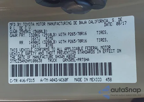 2017 Toyota Tacoma Sr V6/Sr5 V6/Trd Off Road/Trd Pro/Trd Sport from USA, damaged, VIN 3TMCZ5AN2HM108638